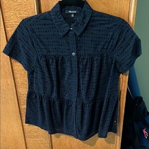 Madewell Blue Button Down Eyelet Peplum Top